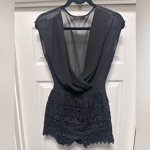 Xtaren Women’s Black Romper with Cowl V-Neck and Lace bottom